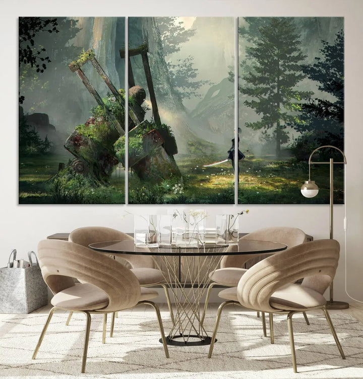 A living room showcases a framed multi-panel canvas print wall art titled "NieR Automata Video Game Wall Art Canvas Print." This museum-quality piece is ready to hang and depicts a misty forest with an old machine.