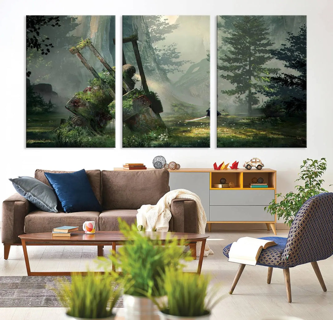 A living room showcases a framed multi-panel canvas print wall art titled "NieR Automata Video Game Wall Art Canvas Print." This museum-quality piece is ready to hang and depicts a misty forest with an old machine.