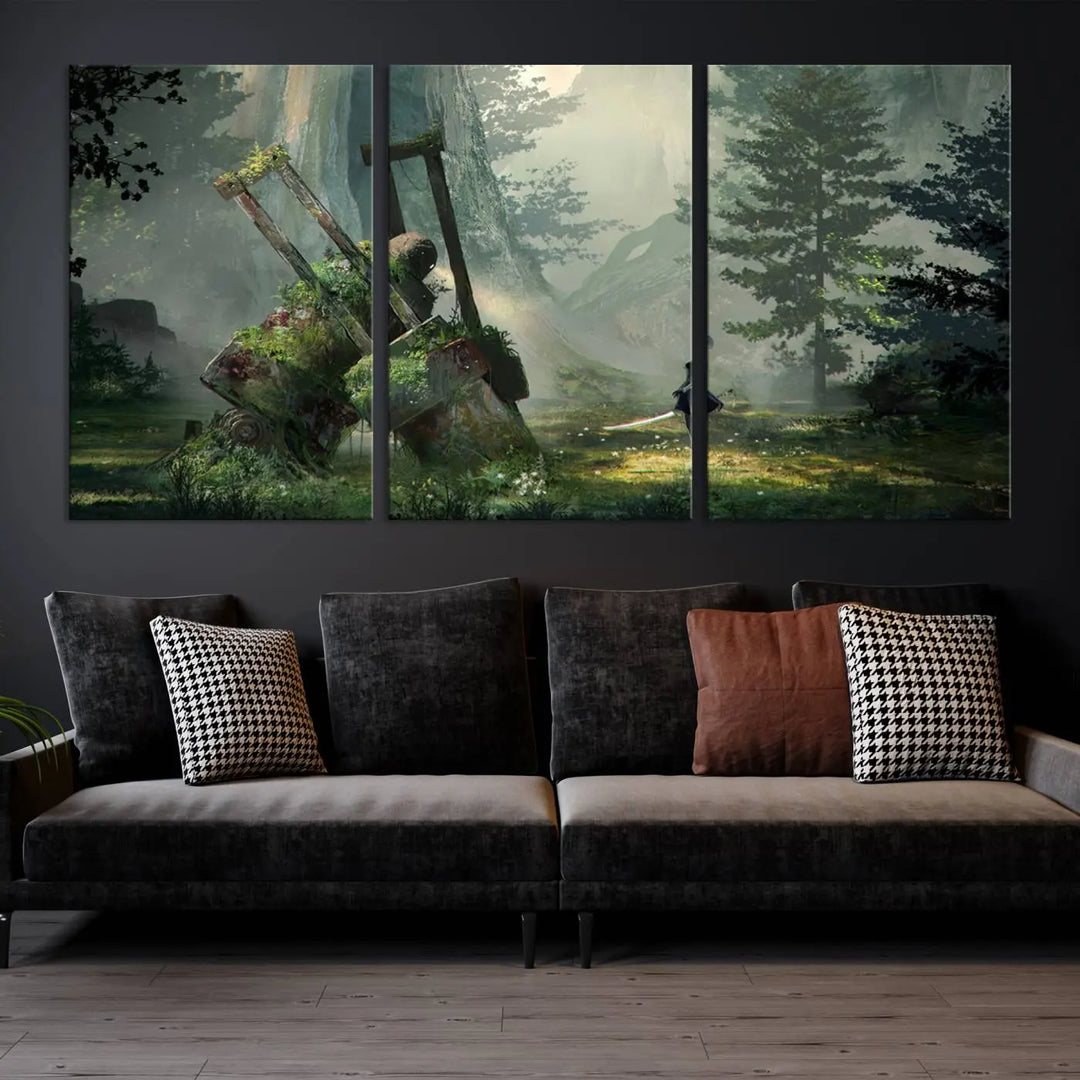 A living room showcases a framed multi-panel canvas print wall art titled "NieR Automata Video Game Wall Art Canvas Print." This museum-quality piece is ready to hang and depicts a misty forest with an old machine.