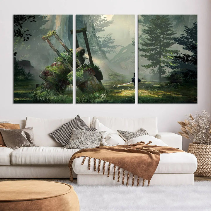 A living room showcases a framed multi-panel canvas print wall art titled "NieR Automata Video Game Wall Art Canvas Print." This museum-quality piece is ready to hang and depicts a misty forest with an old machine.