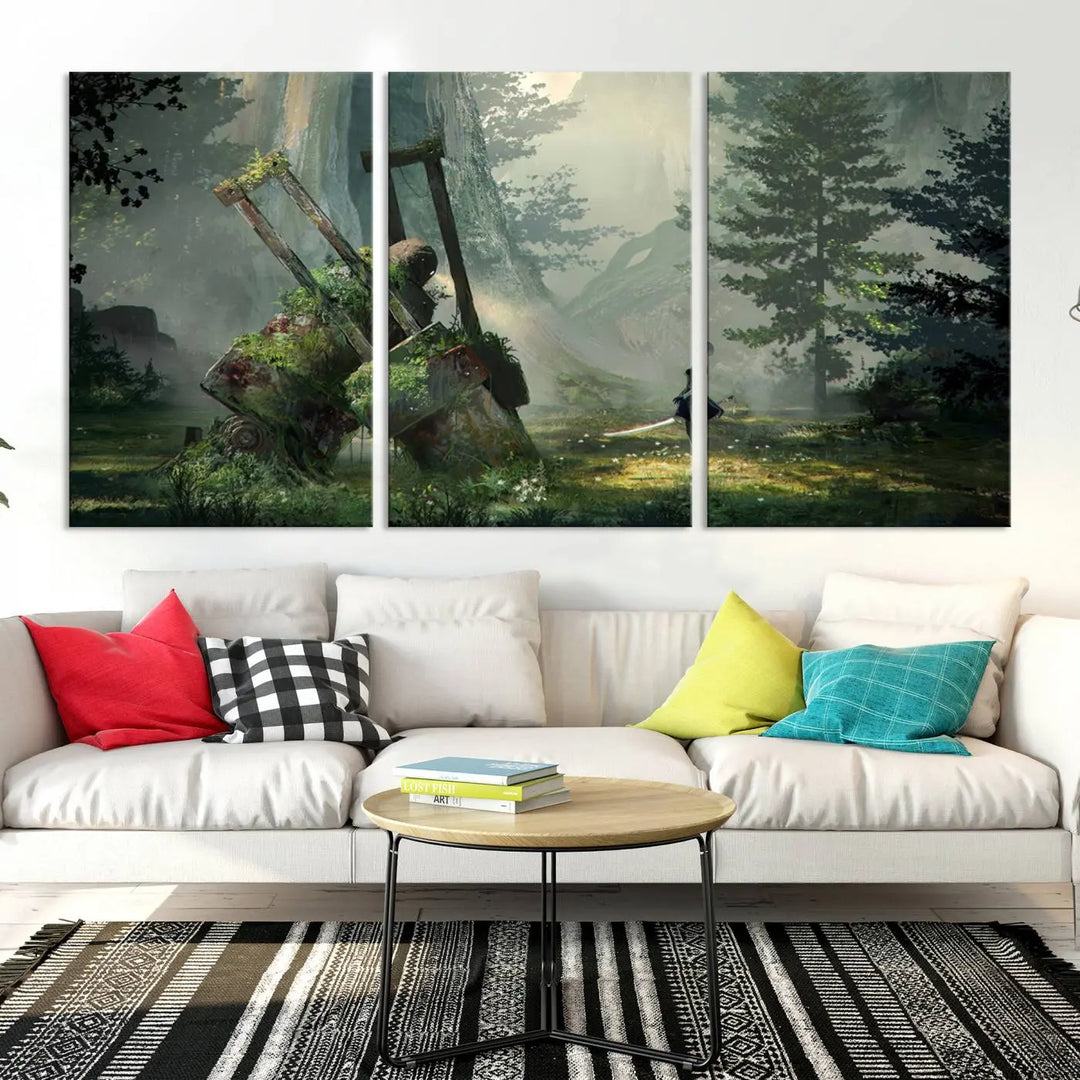 A living room showcases a framed multi-panel canvas print wall art titled "NieR Automata Video Game Wall Art Canvas Print." This museum-quality piece is ready to hang and depicts a misty forest with an old machine.