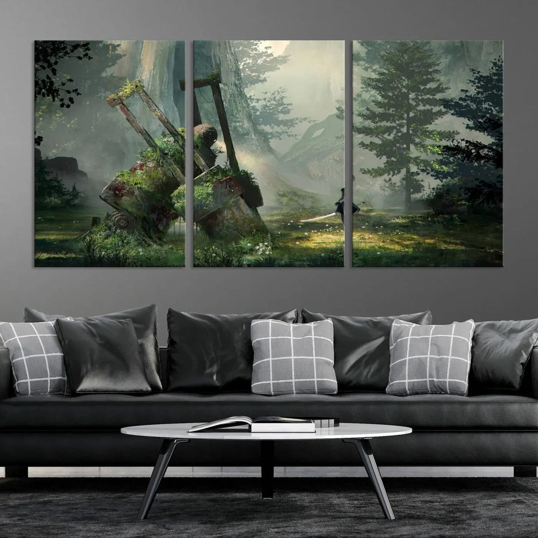 A living room showcases a framed multi-panel canvas print wall art titled "NieR Automata Video Game Wall Art Canvas Print." This museum-quality piece is ready to hang and depicts a misty forest with an old machine.