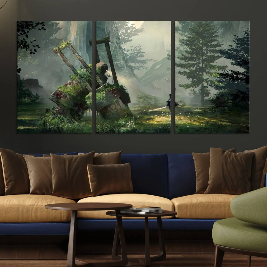 A living room showcases a framed multi-panel canvas print wall art titled "NieR Automata Video Game Wall Art Canvas Print." This museum-quality piece is ready to hang and depicts a misty forest with an old machine.