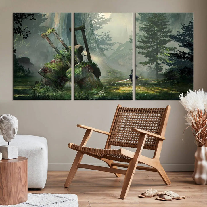 A living room showcases a framed multi-panel canvas print wall art titled "NieR Automata Video Game Wall Art Canvas Print." This museum-quality piece is ready to hang and depicts a misty forest with an old machine.