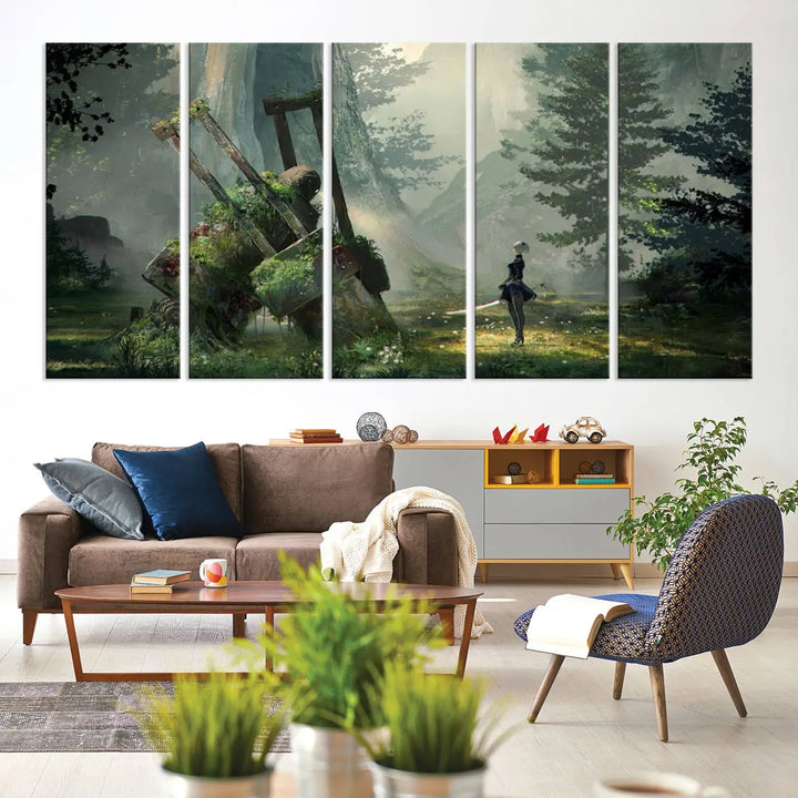 A living room showcases a framed multi-panel canvas print wall art titled "NieR Automata Video Game Wall Art Canvas Print." This museum-quality piece is ready to hang and depicts a misty forest with an old machine.