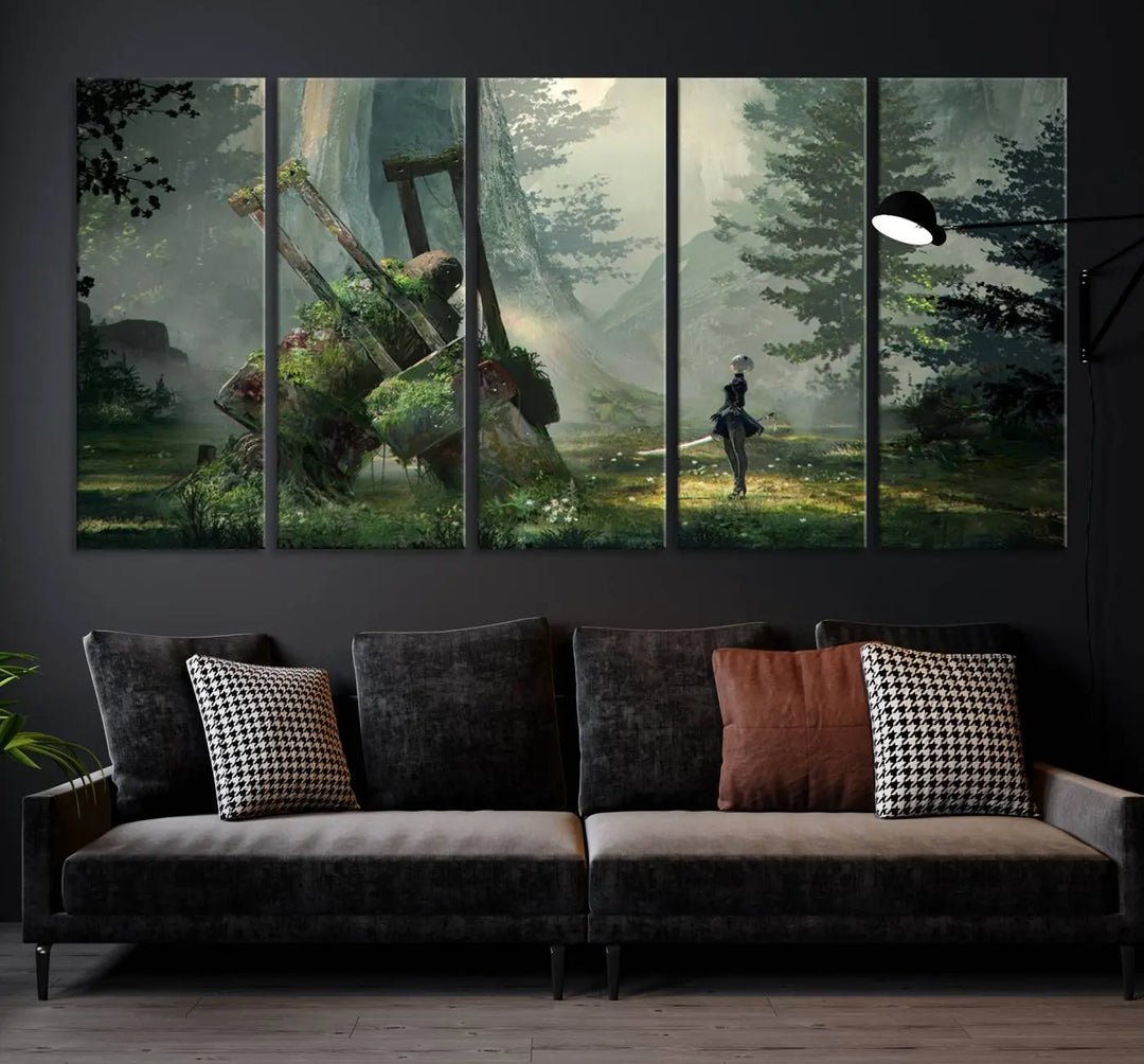 A living room showcases a framed multi-panel canvas print wall art titled "NieR Automata Video Game Wall Art Canvas Print." This museum-quality piece is ready to hang and depicts a misty forest with an old machine.