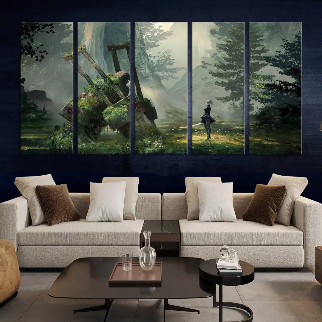 A living room showcases a framed multi-panel canvas print wall art titled "NieR Automata Video Game Wall Art Canvas Print." This museum-quality piece is ready to hang and depicts a misty forest with an old machine.