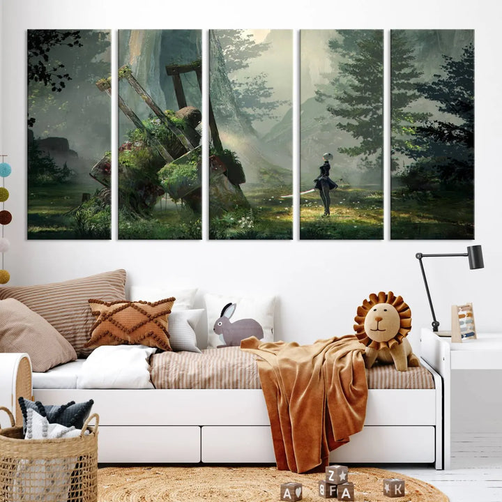 A living room showcases a framed multi-panel canvas print wall art titled "NieR Automata Video Game Wall Art Canvas Print." This museum-quality piece is ready to hang and depicts a misty forest with an old machine.