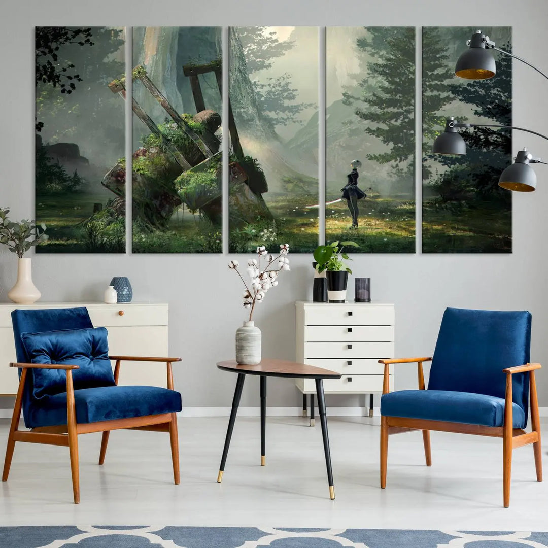 A living room showcases a framed multi-panel canvas print wall art titled "NieR Automata Video Game Wall Art Canvas Print." This museum-quality piece is ready to hang and depicts a misty forest with an old machine.