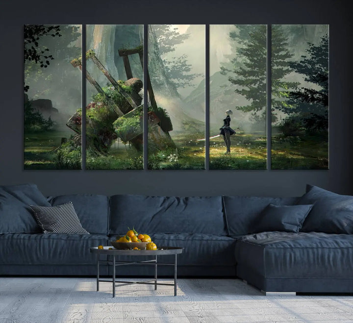 A living room showcases a framed multi-panel canvas print wall art titled "NieR Automata Video Game Wall Art Canvas Print." This museum-quality piece is ready to hang and depicts a misty forest with an old machine.