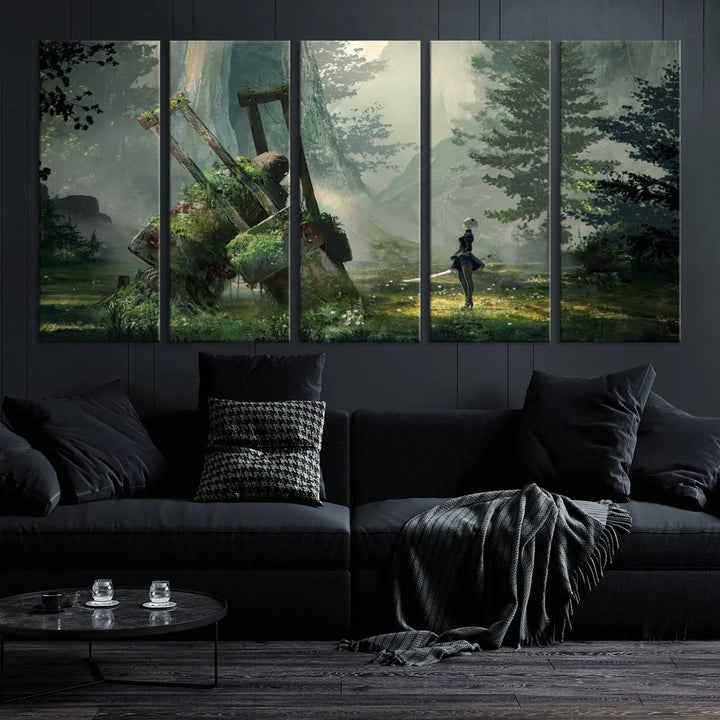 A living room showcases a framed multi-panel canvas print wall art titled "NieR Automata Video Game Wall Art Canvas Print." This museum-quality piece is ready to hang and depicts a misty forest with an old machine.