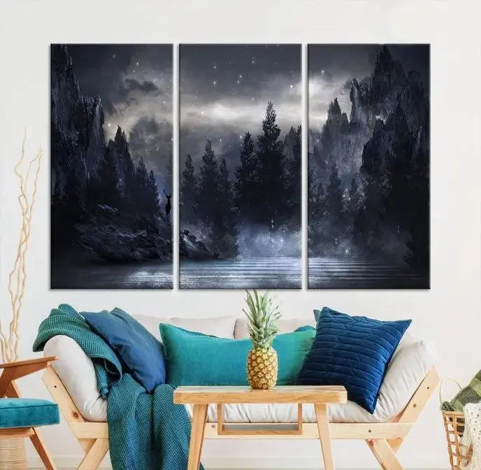 The three-panel set, titled "Night Landscape and Trees Wall Art Canvas Print," showcases a misty mountain scene at night. These museum-quality canvases, crafted by professionals, feature a UV-protective coating to maintain their captivating beauty.