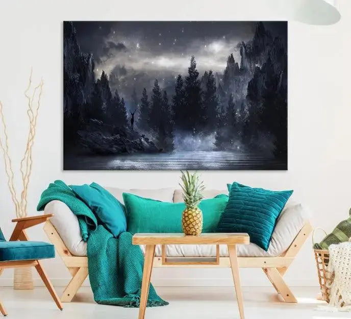 The three-panel set, titled "Night Landscape and Trees Wall Art Canvas Print," showcases a misty mountain scene at night. These museum-quality canvases, crafted by professionals, feature a UV-protective coating to maintain their captivating beauty.