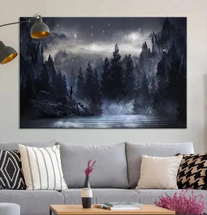 The three-panel set, titled "Night Landscape and Trees Wall Art Canvas Print," showcases a misty mountain scene at night. These museum-quality canvases, crafted by professionals, feature a UV-protective coating to maintain their captivating beauty.