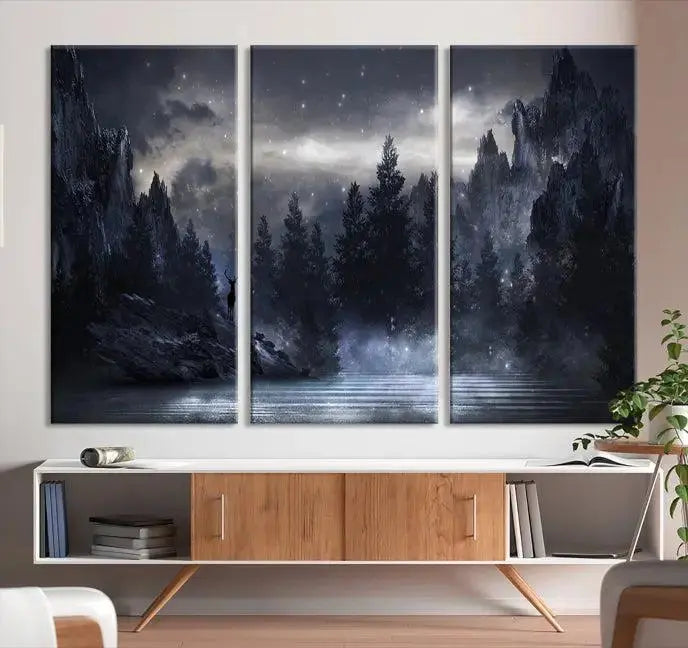 The three-panel set, titled "Night Landscape and Trees Wall Art Canvas Print," showcases a misty mountain scene at night. These museum-quality canvases, crafted by professionals, feature a UV-protective coating to maintain their captivating beauty.