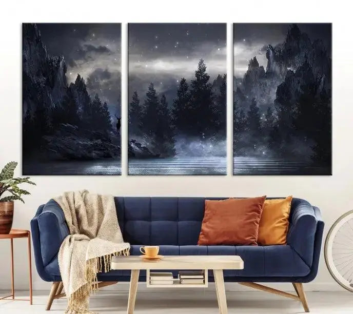 The three-panel set, titled "Night Landscape and Trees Wall Art Canvas Print," showcases a misty mountain scene at night. These museum-quality canvases, crafted by professionals, feature a UV-protective coating to maintain their captivating beauty.