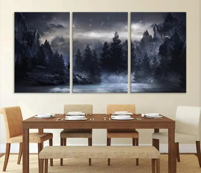 The three-panel set, titled "Night Landscape and Trees Wall Art Canvas Print," showcases a misty mountain scene at night. These museum-quality canvases, crafted by professionals, feature a UV-protective coating to maintain their captivating beauty.