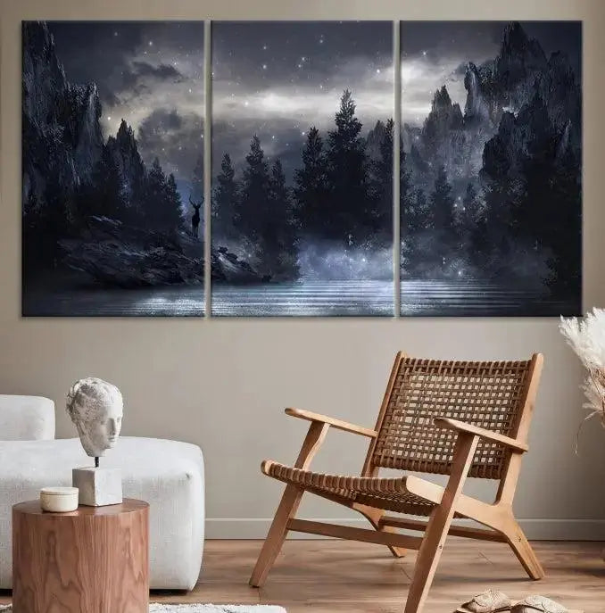 The three-panel set, titled "Night Landscape and Trees Wall Art Canvas Print," showcases a misty mountain scene at night. These museum-quality canvases, crafted by professionals, feature a UV-protective coating to maintain their captivating beauty.