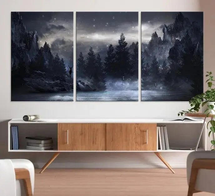 The three-panel set, titled "Night Landscape and Trees Wall Art Canvas Print," showcases a misty mountain scene at night. These museum-quality canvases, crafted by professionals, feature a UV-protective coating to maintain their captivating beauty.