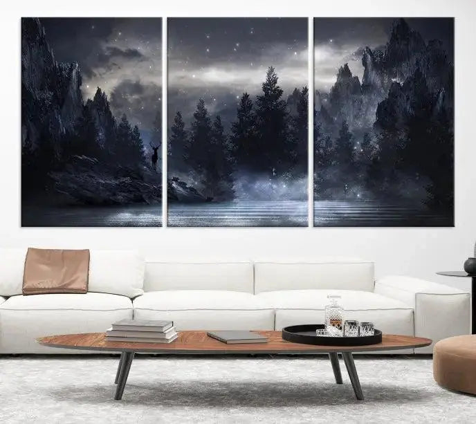 The three-panel set, titled "Night Landscape and Trees Wall Art Canvas Print," showcases a misty mountain scene at night. These museum-quality canvases, crafted by professionals, feature a UV-protective coating to maintain their captivating beauty.