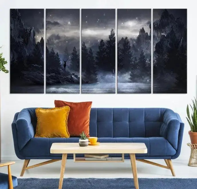 The three-panel set, titled "Night Landscape and Trees Wall Art Canvas Print," showcases a misty mountain scene at night. These museum-quality canvases, crafted by professionals, feature a UV-protective coating to maintain their captivating beauty.