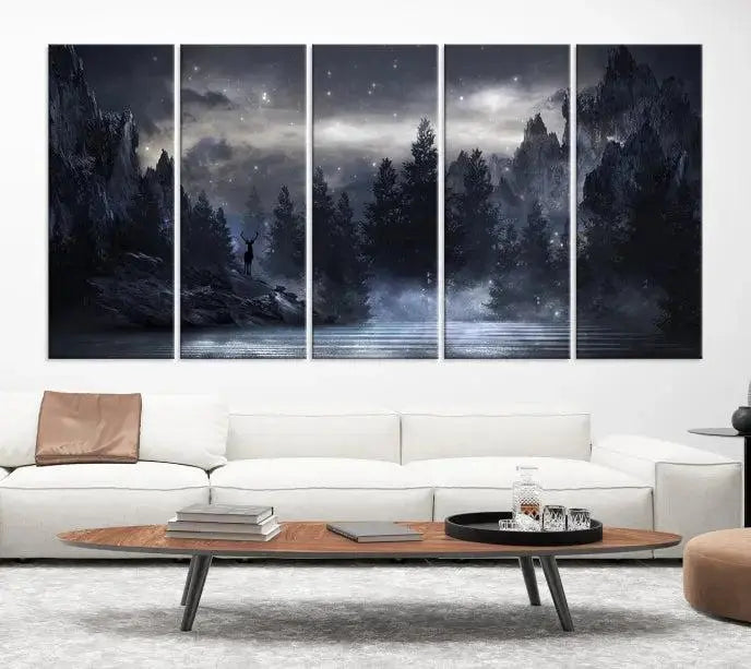 The three-panel set, titled "Night Landscape and Trees Wall Art Canvas Print," showcases a misty mountain scene at night. These museum-quality canvases, crafted by professionals, feature a UV-protective coating to maintain their captivating beauty.