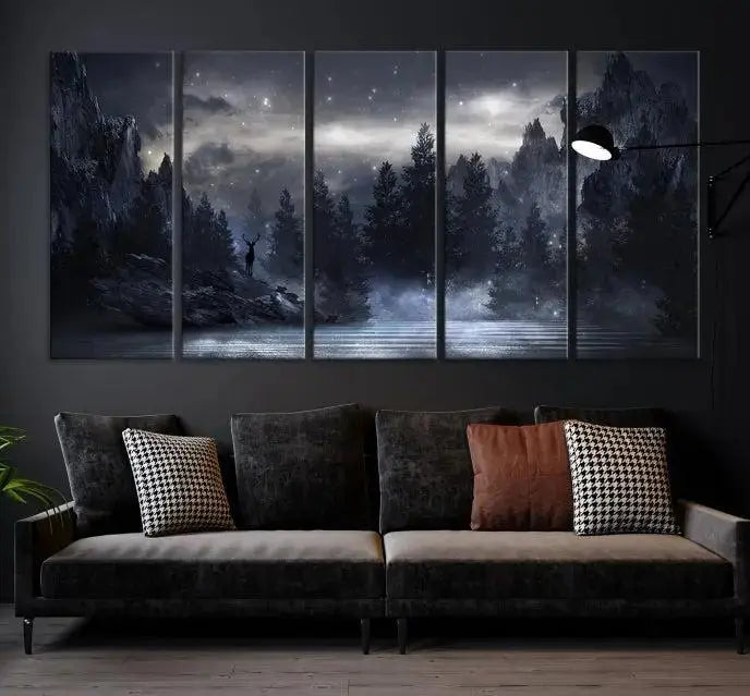 The three-panel set, titled "Night Landscape and Trees Wall Art Canvas Print," showcases a misty mountain scene at night. These museum-quality canvases, crafted by professionals, feature a UV-protective coating to maintain their captivating beauty.