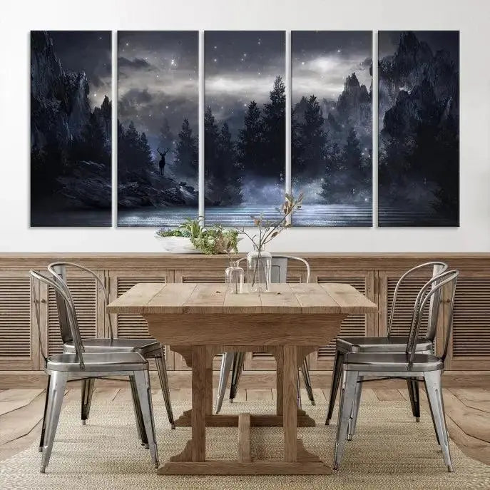 The three-panel set, titled "Night Landscape and Trees Wall Art Canvas Print," showcases a misty mountain scene at night. These museum-quality canvases, crafted by professionals, feature a UV-protective coating to maintain their captivating beauty.