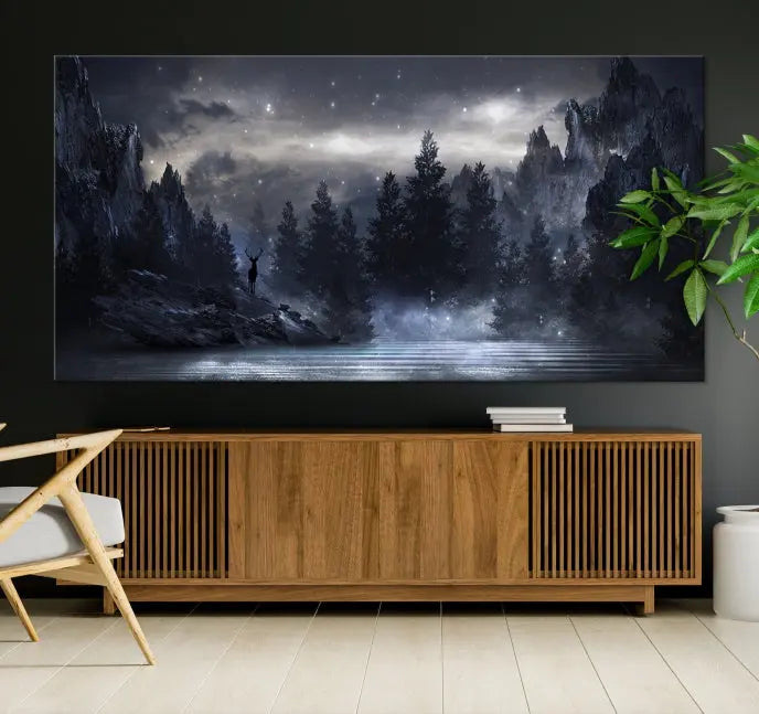 The three-panel set, titled "Night Landscape and Trees Wall Art Canvas Print," showcases a misty mountain scene at night. These museum-quality canvases, crafted by professionals, feature a UV-protective coating to maintain their captivating beauty.