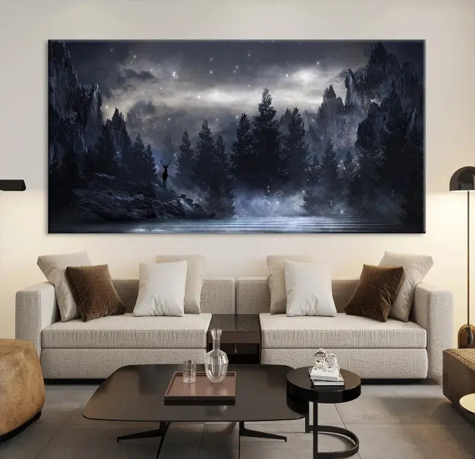 The three-panel set, titled "Night Landscape and Trees Wall Art Canvas Print," showcases a misty mountain scene at night. These museum-quality canvases, crafted by professionals, feature a UV-protective coating to maintain their captivating beauty.