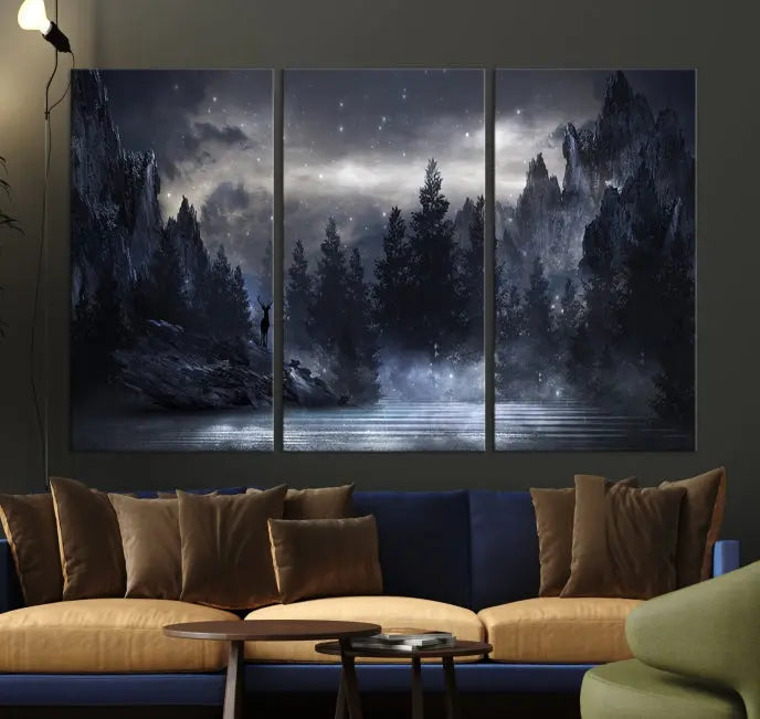 The three-panel set, titled "Night Landscape and Trees Wall Art Canvas Print," showcases a misty mountain scene at night. These museum-quality canvases, crafted by professionals, feature a UV-protective coating to maintain their captivating beauty.