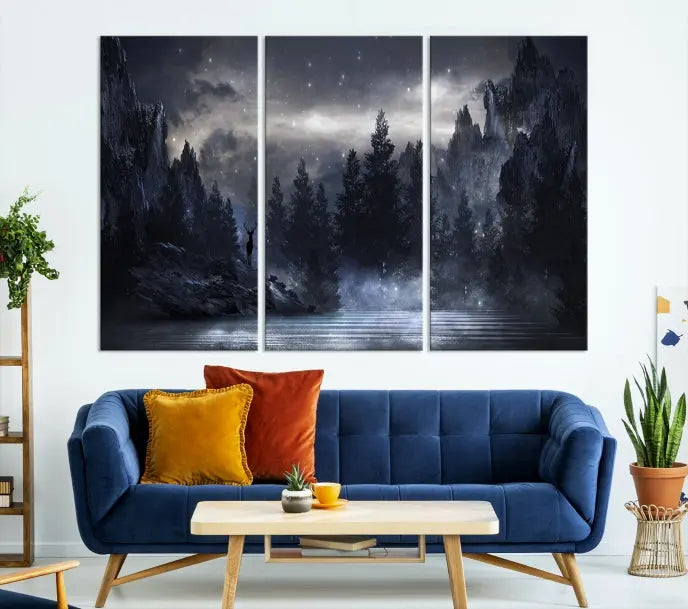 The three-panel set, titled "Night Landscape and Trees Wall Art Canvas Print," showcases a misty mountain scene at night. These museum-quality canvases, crafted by professionals, feature a UV-protective coating to maintain their captivating beauty.