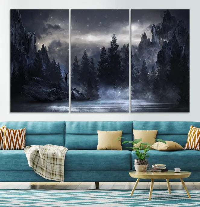 The three-panel set, titled "Night Landscape and Trees Wall Art Canvas Print," showcases a misty mountain scene at night. These museum-quality canvases, crafted by professionals, feature a UV-protective coating to maintain their captivating beauty.