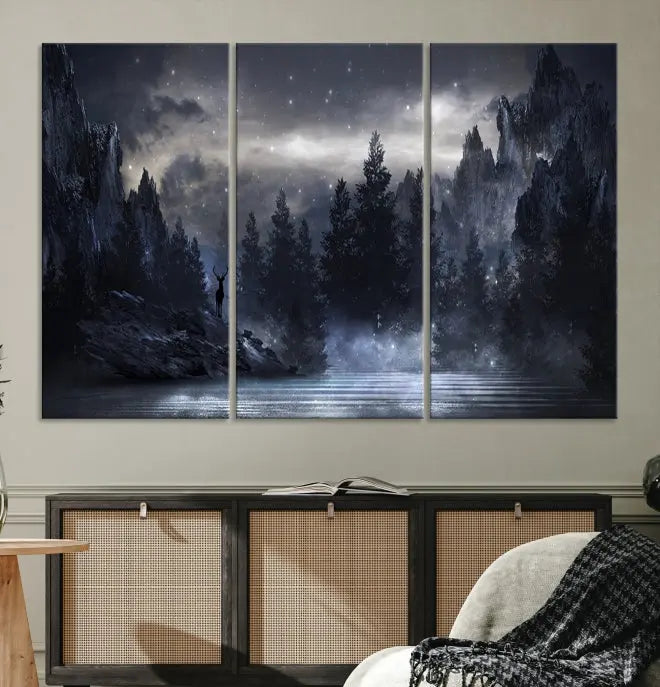 The three-panel set, titled "Night Landscape and Trees Wall Art Canvas Print," showcases a misty mountain scene at night. These museum-quality canvases, crafted by professionals, feature a UV-protective coating to maintain their captivating beauty.