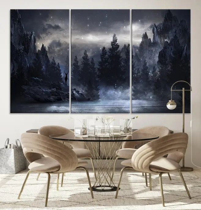 The three-panel set, titled "Night Landscape and Trees Wall Art Canvas Print," showcases a misty mountain scene at night. These museum-quality canvases, crafted by professionals, feature a UV-protective coating to maintain their captivating beauty.