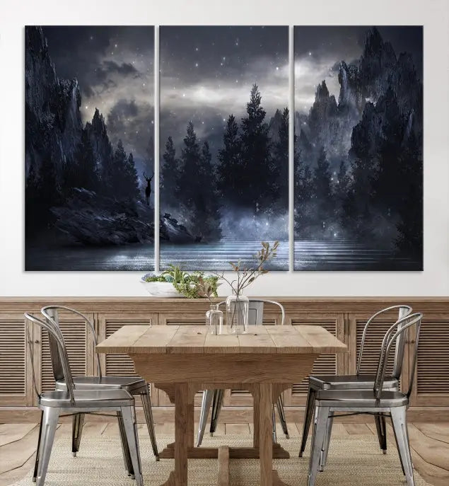 The three-panel set, titled "Night Landscape and Trees Wall Art Canvas Print," showcases a misty mountain scene at night. These museum-quality canvases, crafted by professionals, feature a UV-protective coating to maintain their captivating beauty.