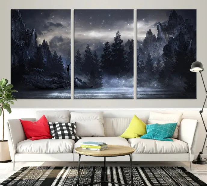 The three-panel set, titled "Night Landscape and Trees Wall Art Canvas Print," showcases a misty mountain scene at night. These museum-quality canvases, crafted by professionals, feature a UV-protective coating to maintain their captivating beauty.