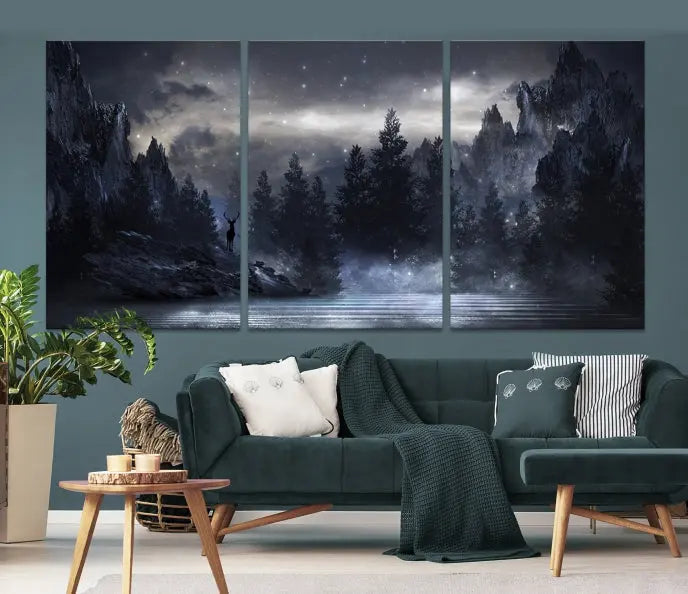 The three-panel set, titled "Night Landscape and Trees Wall Art Canvas Print," showcases a misty mountain scene at night. These museum-quality canvases, crafted by professionals, feature a UV-protective coating to maintain their captivating beauty.