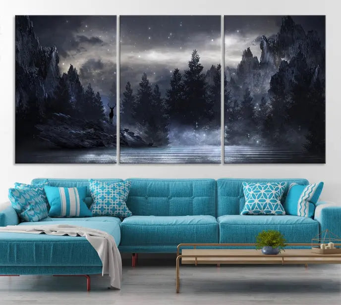 The three-panel set, titled "Night Landscape and Trees Wall Art Canvas Print," showcases a misty mountain scene at night. These museum-quality canvases, crafted by professionals, feature a UV-protective coating to maintain their captivating beauty.