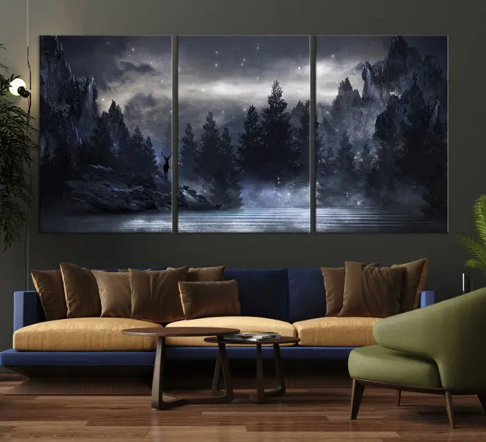 The three-panel set, titled "Night Landscape and Trees Wall Art Canvas Print," showcases a misty mountain scene at night. These museum-quality canvases, crafted by professionals, feature a UV-protective coating to maintain their captivating beauty.