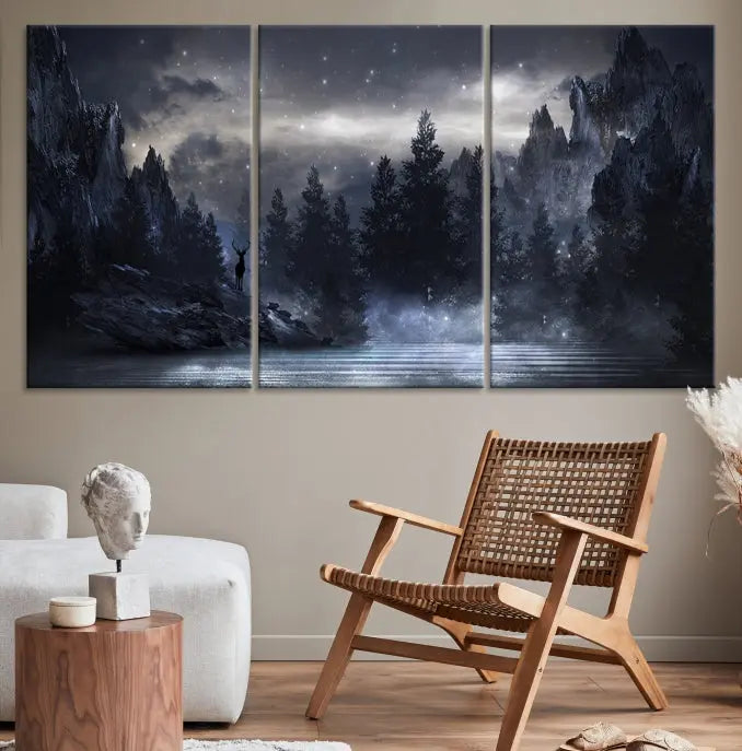 The three-panel set, titled "Night Landscape and Trees Wall Art Canvas Print," showcases a misty mountain scene at night. These museum-quality canvases, crafted by professionals, feature a UV-protective coating to maintain their captivating beauty.