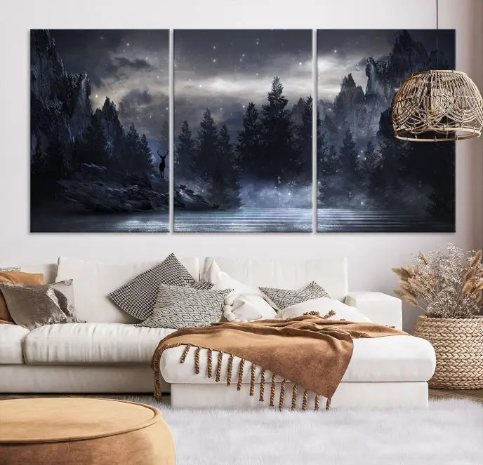 The three-panel set, titled "Night Landscape and Trees Wall Art Canvas Print," showcases a misty mountain scene at night. These museum-quality canvases, crafted by professionals, feature a UV-protective coating to maintain their captivating beauty.