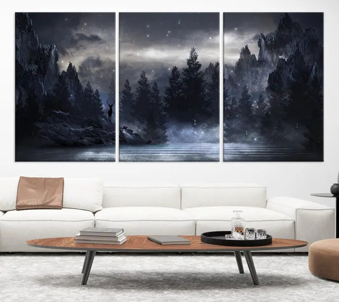 The three-panel set, titled "Night Landscape and Trees Wall Art Canvas Print," showcases a misty mountain scene at night. These museum-quality canvases, crafted by professionals, feature a UV-protective coating to maintain their captivating beauty.