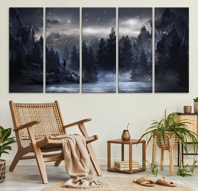 The three-panel set, titled "Night Landscape and Trees Wall Art Canvas Print," showcases a misty mountain scene at night. These museum-quality canvases, crafted by professionals, feature a UV-protective coating to maintain their captivating beauty.