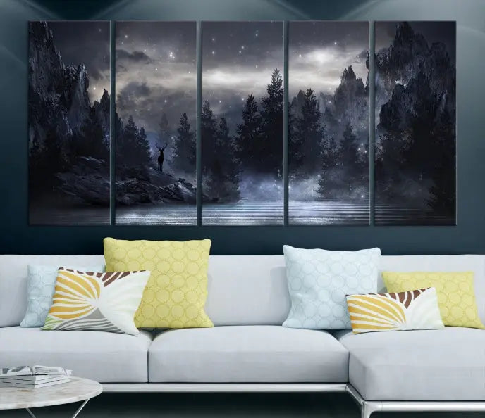 The three-panel set, titled "Night Landscape and Trees Wall Art Canvas Print," showcases a misty mountain scene at night. These museum-quality canvases, crafted by professionals, feature a UV-protective coating to maintain their captivating beauty.