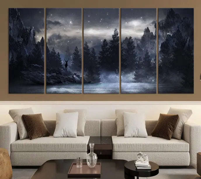 The three-panel set, titled "Night Landscape and Trees Wall Art Canvas Print," showcases a misty mountain scene at night. These museum-quality canvases, crafted by professionals, feature a UV-protective coating to maintain their captivating beauty.