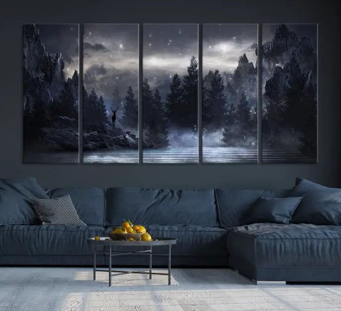 The three-panel set, titled "Night Landscape and Trees Wall Art Canvas Print," showcases a misty mountain scene at night. These museum-quality canvases, crafted by professionals, feature a UV-protective coating to maintain their captivating beauty.