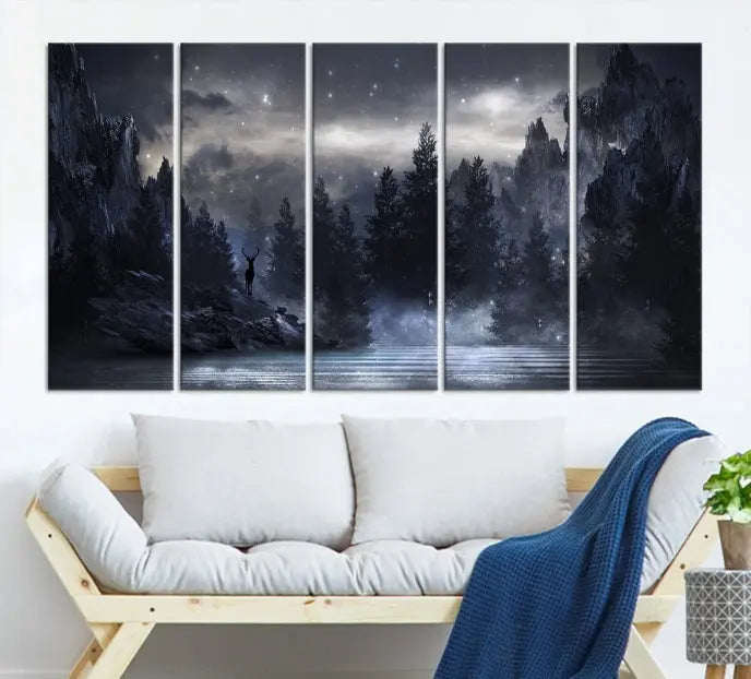 The three-panel set, titled "Night Landscape and Trees Wall Art Canvas Print," showcases a misty mountain scene at night. These museum-quality canvases, crafted by professionals, feature a UV-protective coating to maintain their captivating beauty.