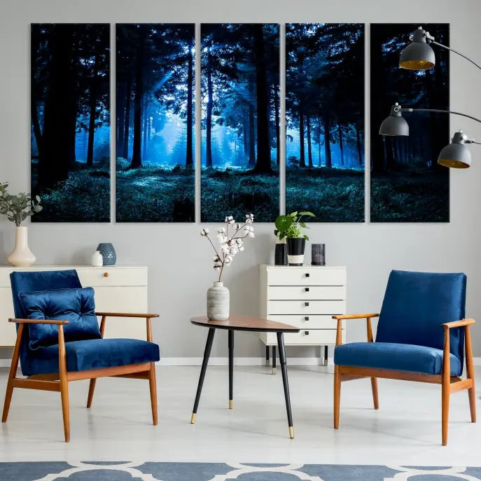 A modern living room showcasing the "Night in Dark Forest" wall art—forest-themed multi-panel canvases with museum-quality details.