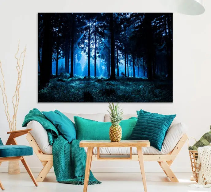 A modern living room showcasing the "Night in Dark Forest" wall art—forest-themed multi-panel canvases with museum-quality details.